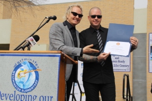  Matt Sorum, co-founder Adopt the Arts presents Carter Lay (The Carter Lay Charitable Fund) Certificate of Special Recognition on behalf of Ted Lui, Congressman of the 33rd District (Photo by: Fredwill Hernandez/THT) 