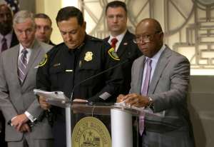 Houston Mayor Sylvester Turner speaks at a media conference about human trafficking issues